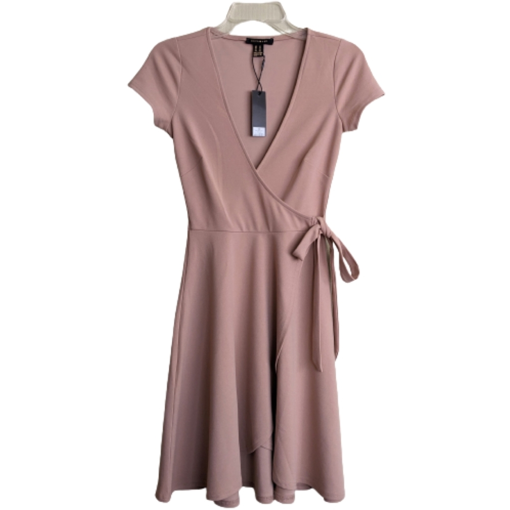 Revamped Dress Tan Beige Faux Wrap Plunging V-neck Cap Sleeves XS